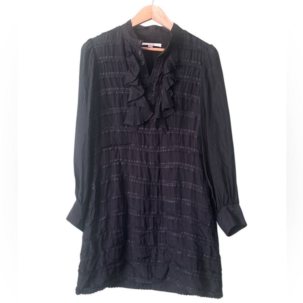 Jenny Han Black 100% Silk Lace Lined Dress Sheer Sleeves Side Hidden Zipper Sz L